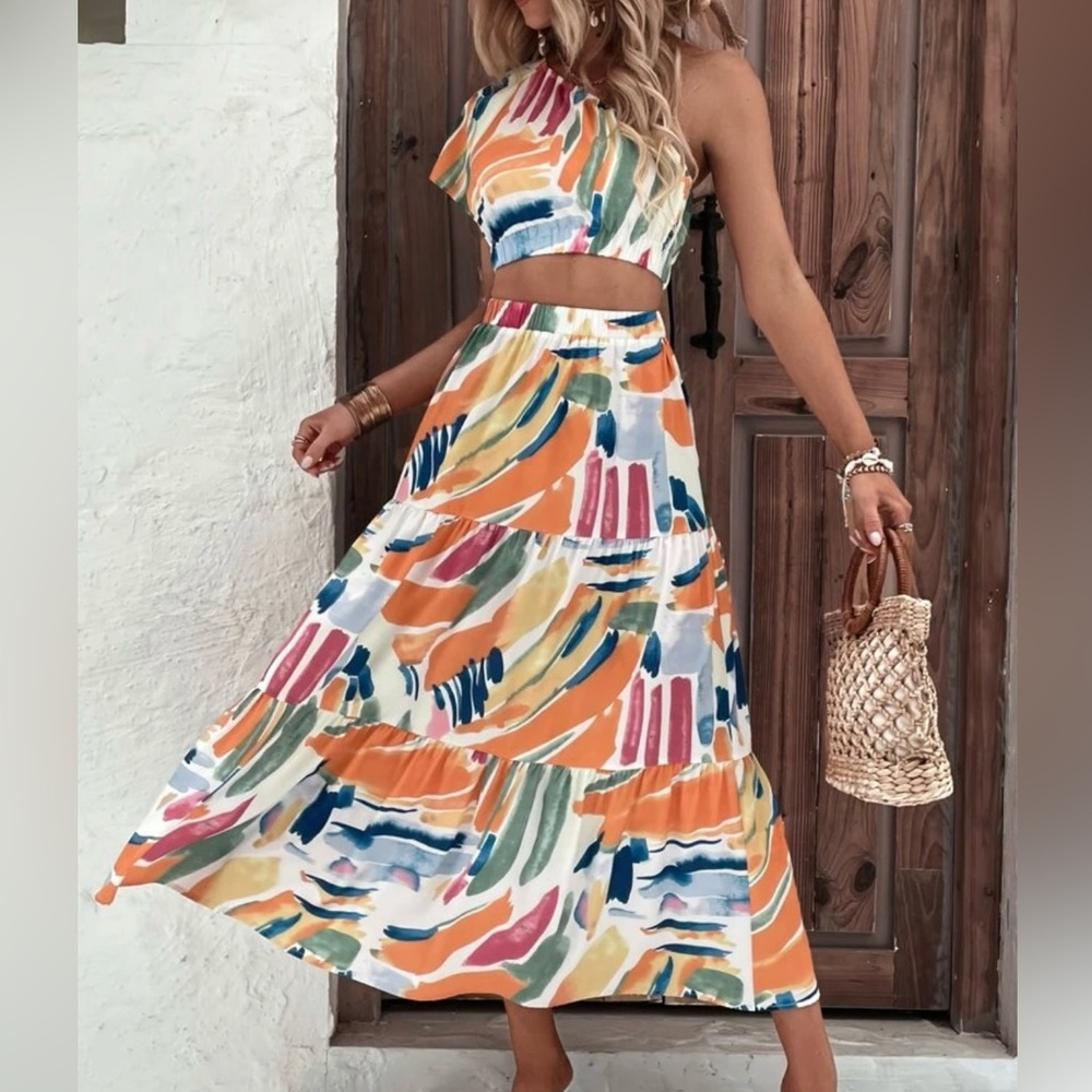 Boho one shoulder all over print 2 piece set